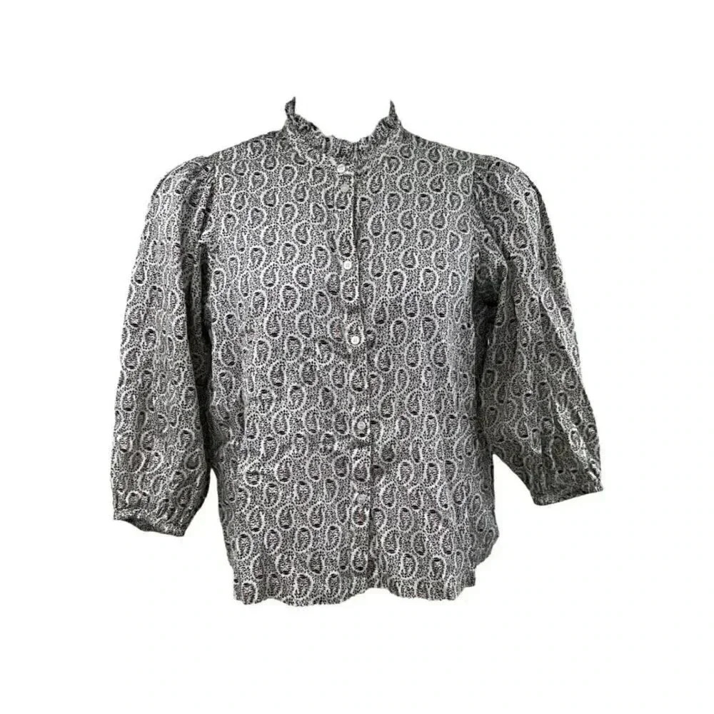 Gap Womens Top sz Large Pink Black Ditsy Floral Paisley Button Puff Sleeve Shirt